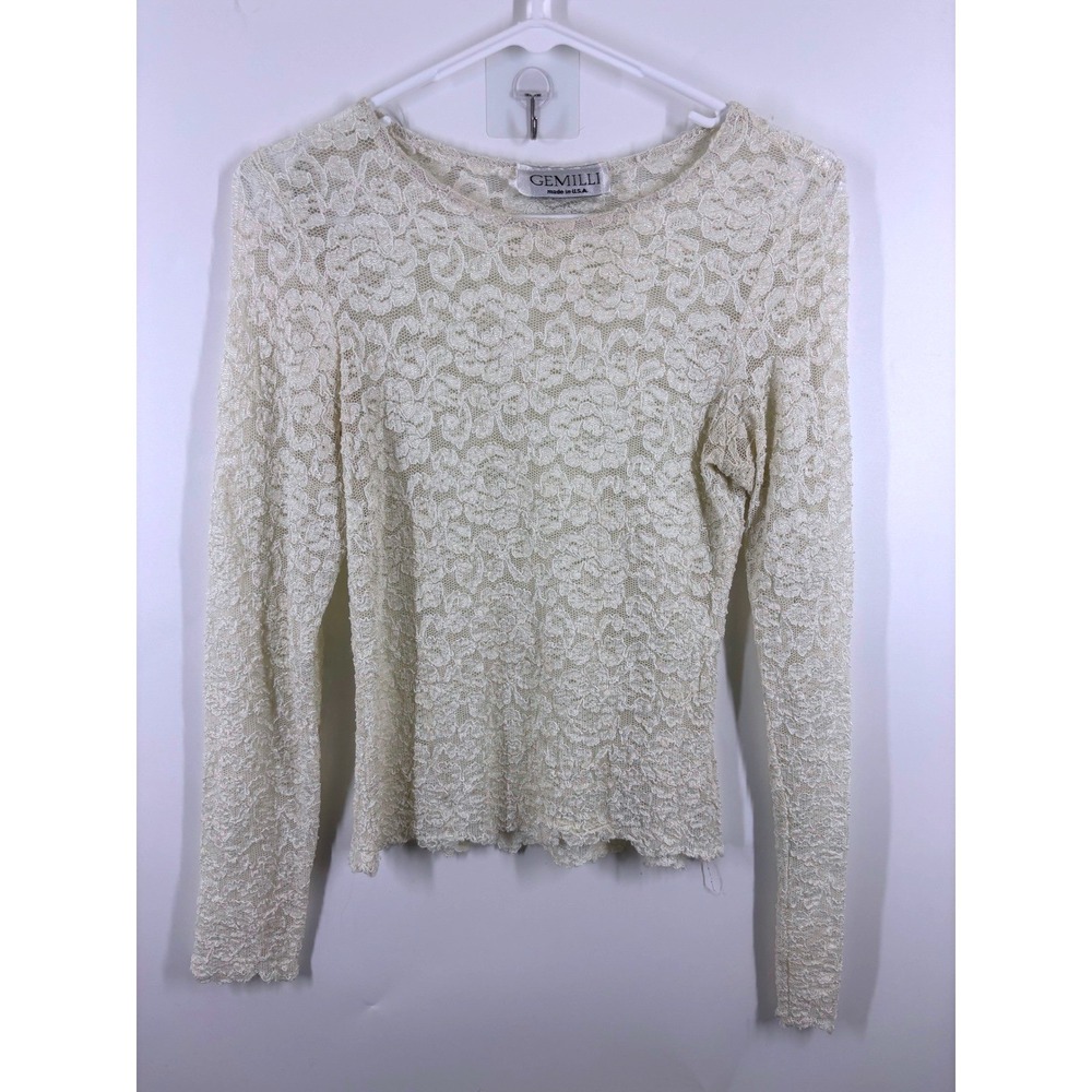 Gemilli Cream Ivory Floral Lace Long Sleeve Top Sheer Scoop Neck Made in USA